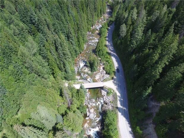 Aerial view of the bridge connecting Pass Creek Road and Mountain Ridge Road.