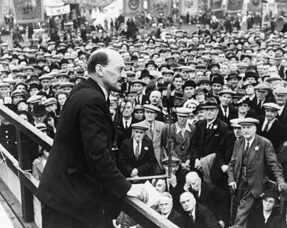 UNITED KINGDOM - FEBRUARY 23:  Clement Attlee (1883-1967), Labour politician, speaking at a political rally, 24 July 1938. Photograph by B Marshall. Clement Attlee (1883-1967), Labour politician, speaking at a political rally, 24 July 1938. Photograph by B Marshall.  (Photo by Daily Herald Archive/SSPL/Getty Images)