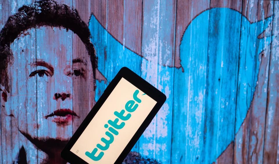 Elon Musk's Twitter account displayed on a mobile with Elon Musk in the background are seen in this illustration. In Brussels - Belgium on 19 November 2022. (Photo illustration by Jonathan Raa/NurPhoto via Getty Images)