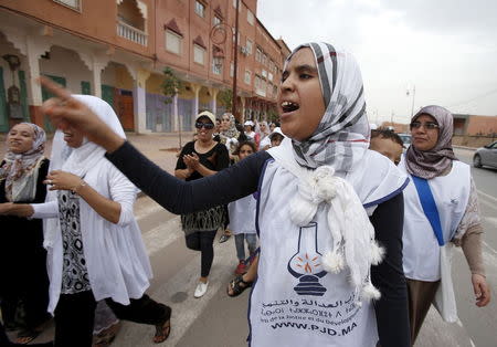 A supporter of the islamist Justice and Development Party (PJD) shouts slogans during a campaign rally ahead of the communal and regional elections, in the city of Tinghir, in southeastern Morocco, August 31, 2015. REUTERS/Youssef Boudlal