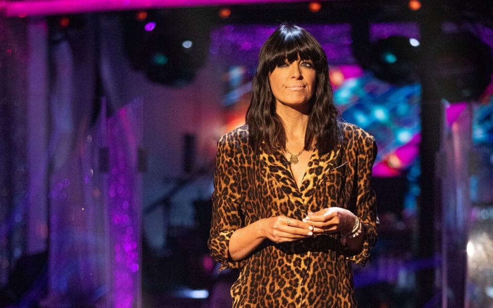 Claudia Winkleman wearing a leopard print Norma Kamali jumpsuit on Strictly - PA