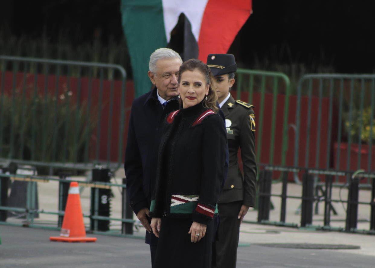 Andrés Manuel López Obrador, president of Mexico, and his wife Beatriz Müller, upon their arrival at the Monument to the Revolution in Mexico City to lead the ceremony for the 110th anniversary of the Mexican Revolution. (Photo by Gerardo Vieyra/NurPhoto via Getty Images)