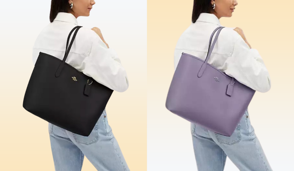 Two Coach Outlet tote bags — one in black and one in purple