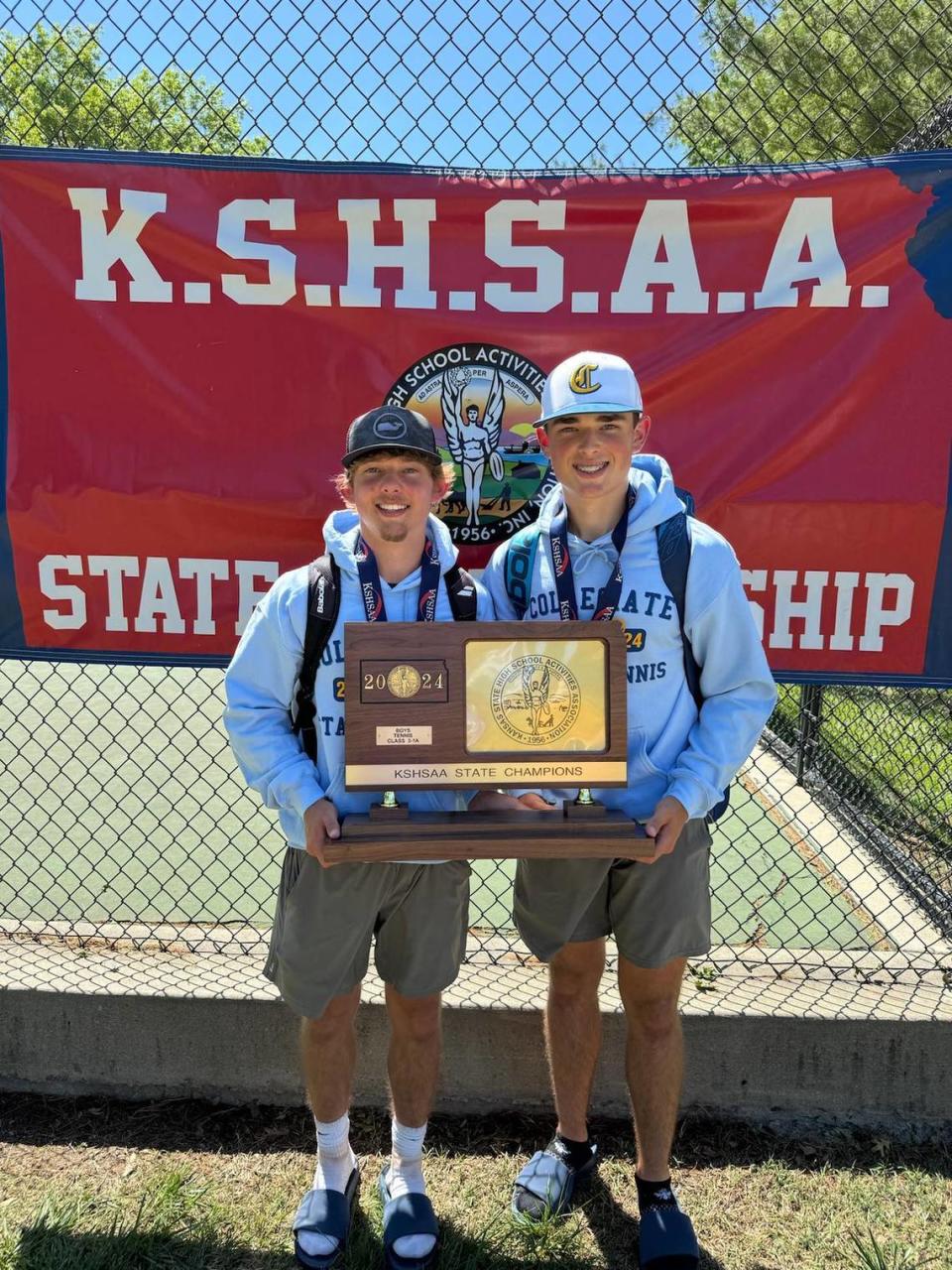 Collegiate junior Carter Drumright (left) and freshman Maddox Drumright (right) won the Class 3-1A doubles state championship. The brothers split time between baseball and tennis in the spring.