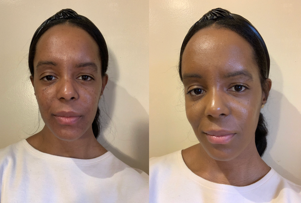 Nykia before and after applying the foundation