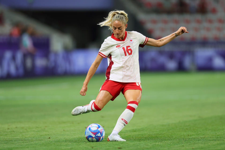 NICE, FRANCE - JULY 31: Janine Beckie #16 of Team Canada  during the Women's group A match between Colombia and Canada during the Olympic Games Paris 2024 at Stade de Nice on July 31, 2024 in Nice, France. (Photo by Marc Atkins/Getty Images)