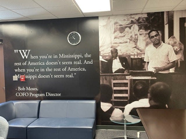 A picture of civil rights activist Bob Moses covered a wall in 2021 at the Council of Federate Organizations (COFO) Civil Rights Education Center at Jackson State University in Jackson, Mississippi. The center highlights the history of the Civil Rights Movement in the state, including Freedom Summer.