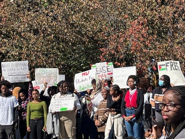 Students at Howard University in Washington, D.C., gathered at a rally on campus Oct. 25, 2023 to support Palestinians.