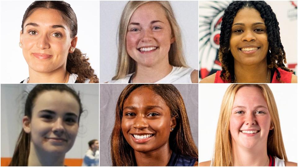 The incoming recruiting class for the 2022-23 Bradley women's basketball team. Top row, left to right: Ruba Abo Hashesh, Reagan Barkema, Megan Barton; bottom row, left to right: Lucia Llaveria, Alex Rouse, Celia Satter.