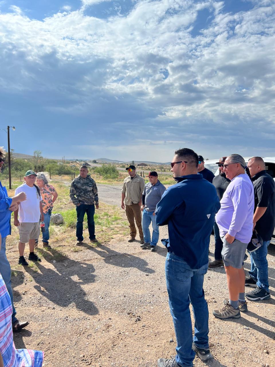 New Mexico Representative Gabe Vasquez meeting with Mescalero Apache Tribe leaders and members of the Ysleta Del Sur Pueblo at Alamo mountain in Otero Mesa on August 14, 2023