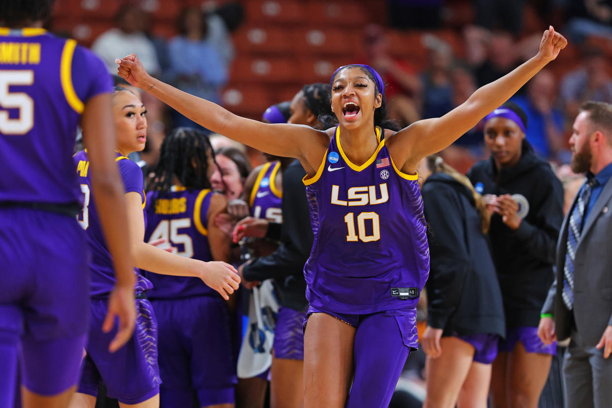 LSU&#39;s Angel Reese celebrates after the Lady Tigers beat Utah in the Sweet 16 round of the NCAA women&#39;s tournament at Bon Secours Wellness Arena in Greenville, South Carolina, on March 24, 2023. (Kevin C. Cox/Getty Images)