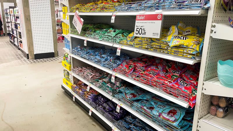 Candy for sale is displayed on shelves at a Target store in Manhattan, New York