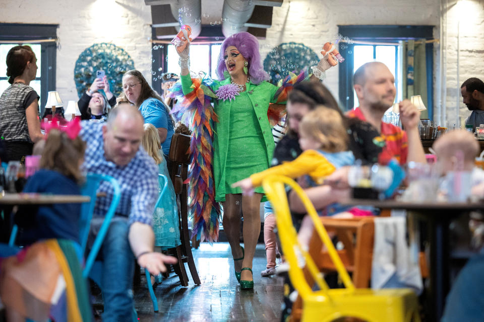 Drag queen Tara Hoot at a drag story hour at Crazy Aunt Helen's restaurant in Washington, D.C.