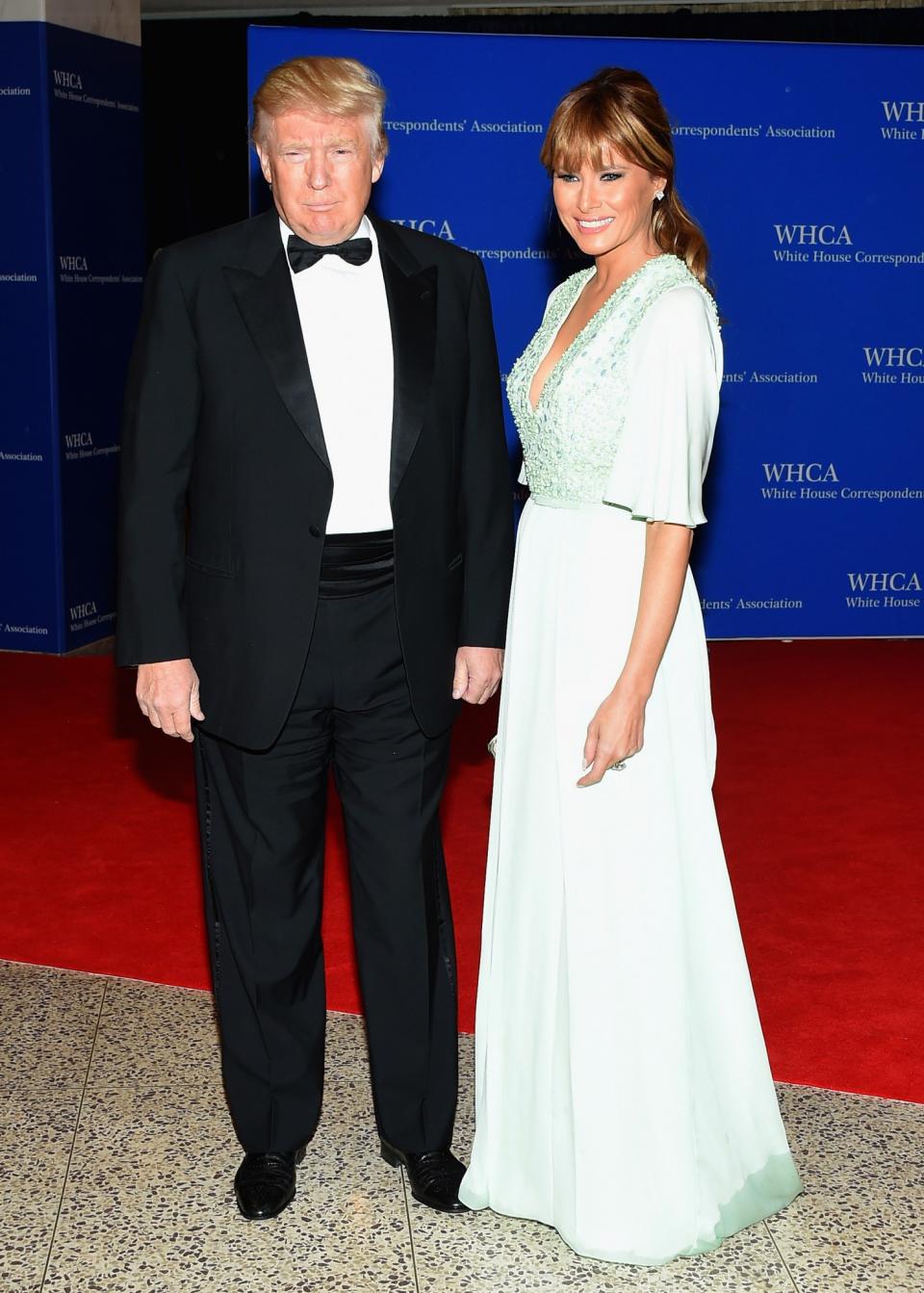 <p>Melania opted for an embellished mint gown and sophisticated hairdo for a dinner at the White House. <i>[Photo: Getty]</i> </p>