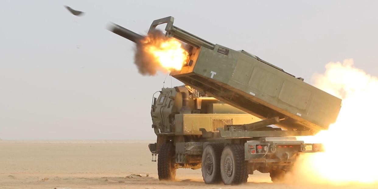 US Army soldiers fire High Mobility Artillery Rocket System HIMARS in Kuwait