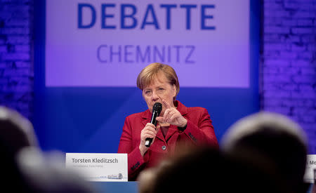 German Chancellor Angela Merkel speaks during the meeting with readers of 'Freie Presse' newspaper in Chemnitz, Germany, November 16, 2018. Kay Nietfeld/Pool via REUTERS