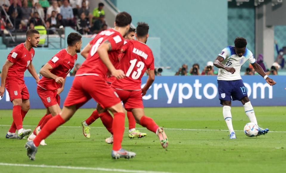 Bukayo Saka scoring England’s fourth goal (Reuters)