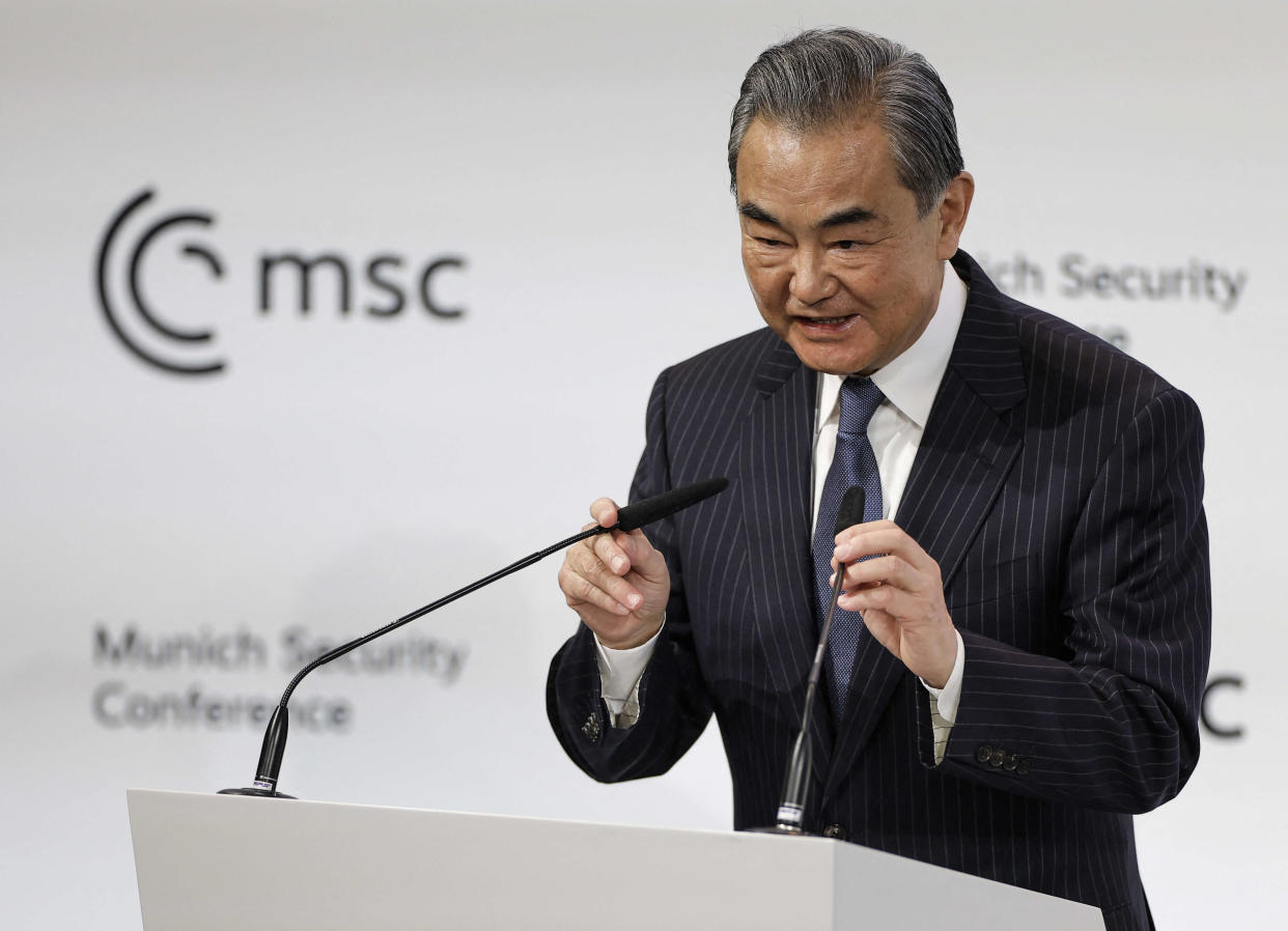 China's Director of the Office of the Central Foreign Affairs Commission Wang Yi delivers a speech at the Munich Security Conference (MSC) in Munich, southern Germany, on February 18, 2023. - The Munich Security Conference running from February 17 to 19, 2023 brings world leaders together ahead of the first anniversary of Russia's invasion of Ukraine as Kyiv steps up pleas for more weapons. (Photo by Odd ANDERSEN / AFP)