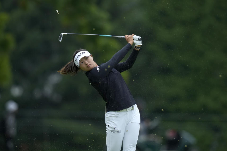 Ko Jin-young, of South Korea, tees off on the fourth hole during the second round of the Women's PGA Championship golf tournament, Friday, June 23, 2023, in Springfield, N.J. (AP Photo/Seth Wenig)