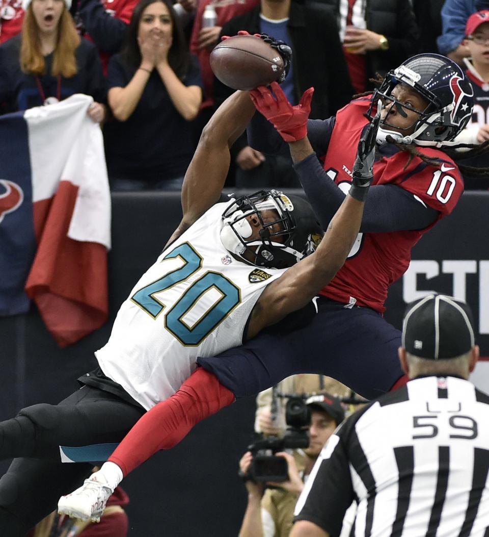 <p>Jacksonville Jaguars cornerback Jalen Ramsey (20) breaks up a pass in the end zone intended for Houston Texans’ DeAndre Hopkins during the first half of an NFL football game Sunday, Dec. 18, 2016, in Houston. (AP Photo/Eric Christian Smith) </p>