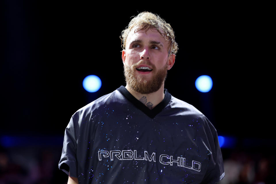 RIYADH, SAUDI ARABIA - FEBRUARY 26: Jake Paul looks on as they enter the arena during their ring walk prior to the Cruiserweight Title fight between Jake Paul and Tommy Fury at the Diriyah Arena on February 26, 2023 in Riyadh, Saudi Arabia. (Photo by Francois Nel/Getty Images)