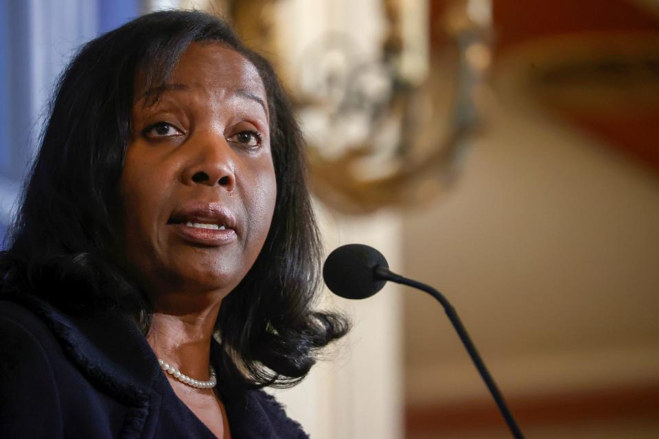 Lisa D. Cook, a member of the Board of Governors of the Federal Reserve System, talks to the Detroit Economic Club during a luncheon at the Masonic Temple in Detroit on Wednesday, Nov 30, 2022.