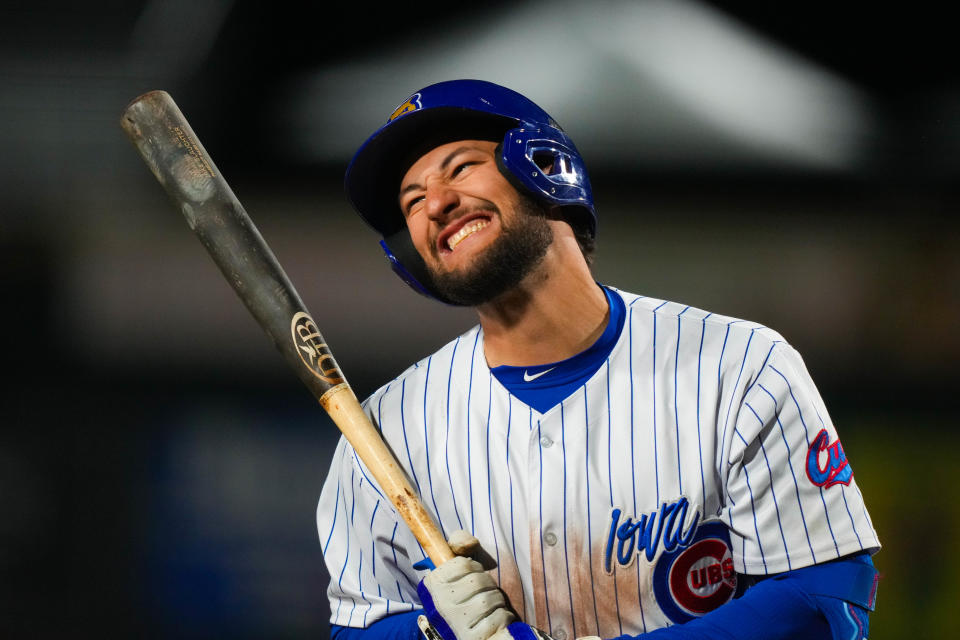 Iowa Cubs third baseman Jake Slaughter reacts to striking out during the season opener at Principal Park in Des Moines on March 31.