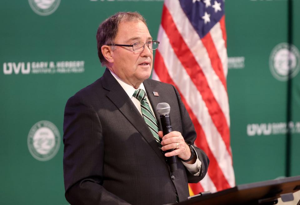 Former Gov. Gary Herbert speaks before Sen. Mike Lee, R-Utah, and former British Prime Minister Liz Truss talk about “The Importance of the U.S.-U.K. Bilateral Relationship” during a Gary R. Herbert Institute for Public Policy Forum at Utah Valley University in Orem on Tuesday, Feb. 20, 2024. | Kristin Murphy, Deseret News