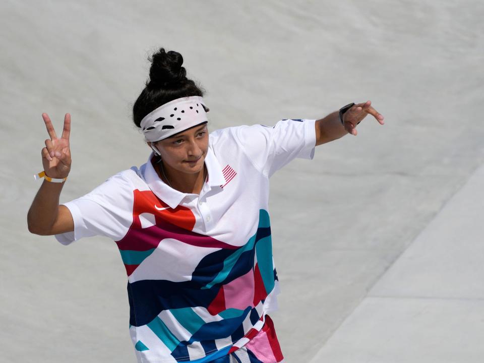 Mariah Duran of the United States reacts after the first heat in the women's street skateboarding finals at Tokyo 2020.