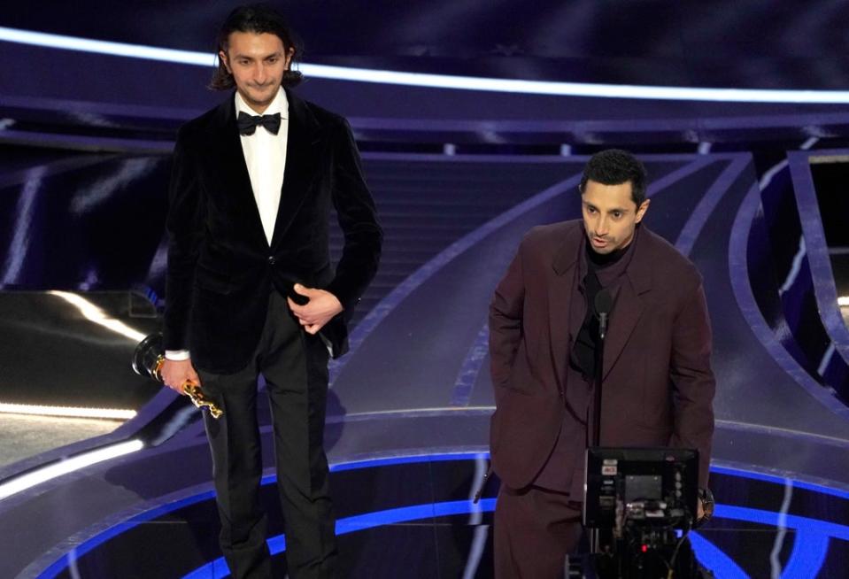 Aneil Karia, left, and Riz Ahmed accept the award for best live action short for The Long Goodbye at the 2022 Oscars (Chris Pizzello/AP) (AP)