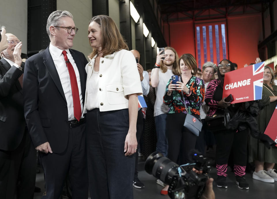 Labour leader Sir Keir Starmer and his wife Victoria at the Tate Modern, central London, for a watch party for the results of the 2024 General Election in central London, as the party appears on course for a landslide win. Picture date: Friday July 5, 2024. (Photo by Jeff Moore/PA Images via Getty Images)