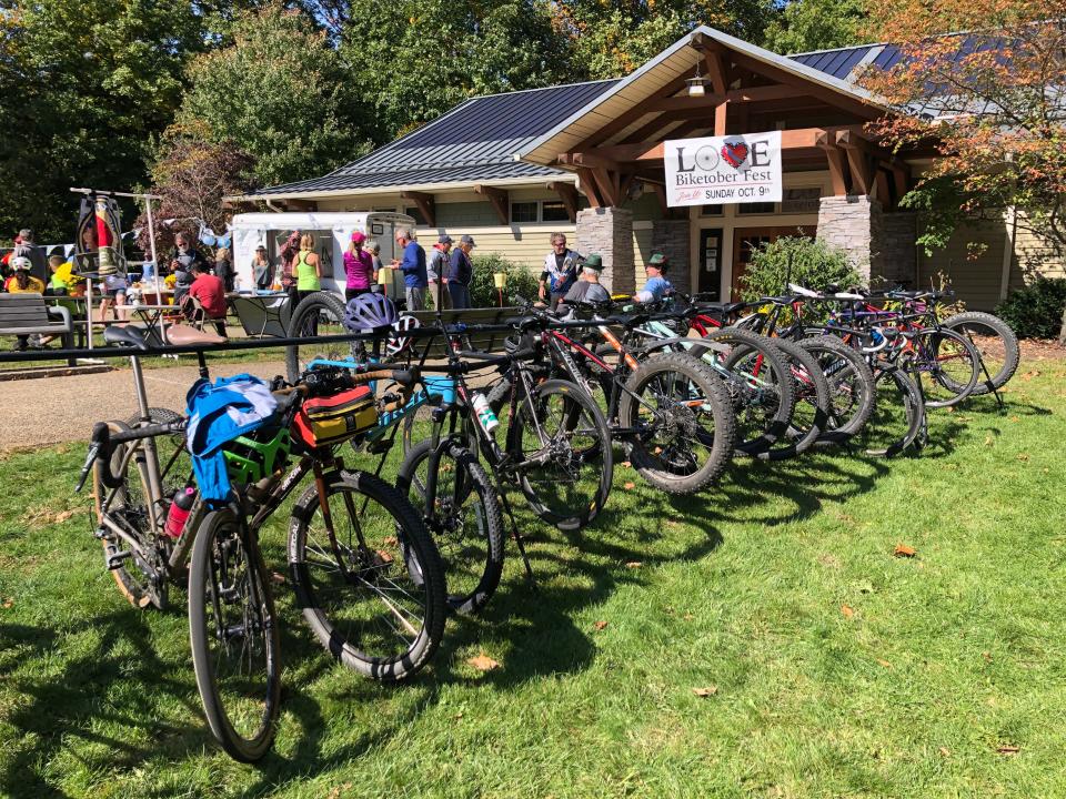 Bikes are parked while their owners enjoy food and beer at Love Biketober Fest in 2022 at Love Creek County Park in Berrien Center, which returns Oct. 8, 2023.