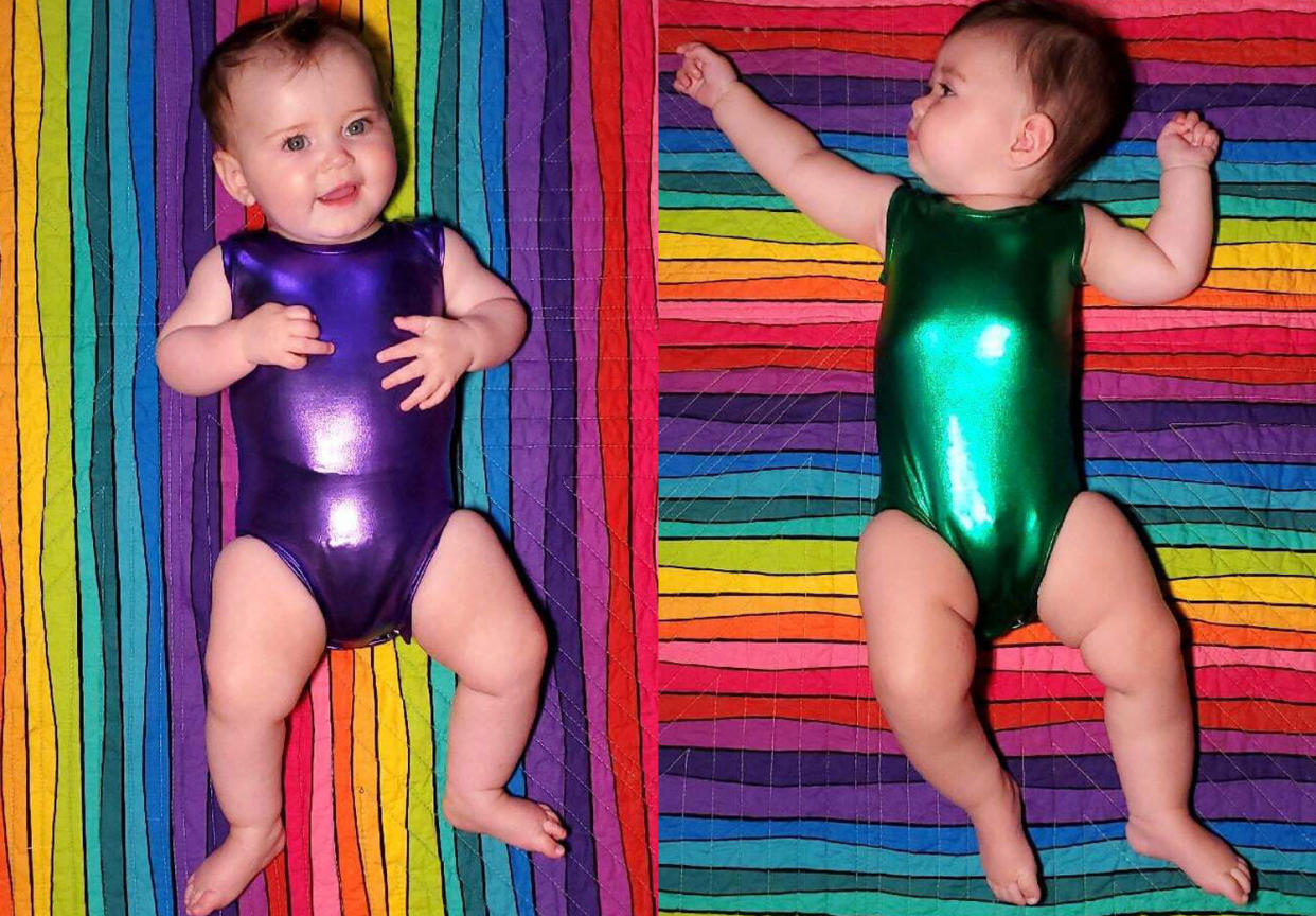 Maddox, left, and Fiona, getting close to busting out of their spandex newborn onesies. (Photos courtesy of Claire Czerwionka)