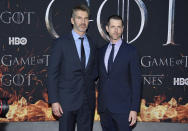 Creator/executive producers David Benioff, left, and D. B. Weiss attend HBO's "Game of Thrones" final season premiere at Radio City Music Hall on Wednesday, April 3, 2019, in New York. (Photo by Evan Agostini/Invision/AP)