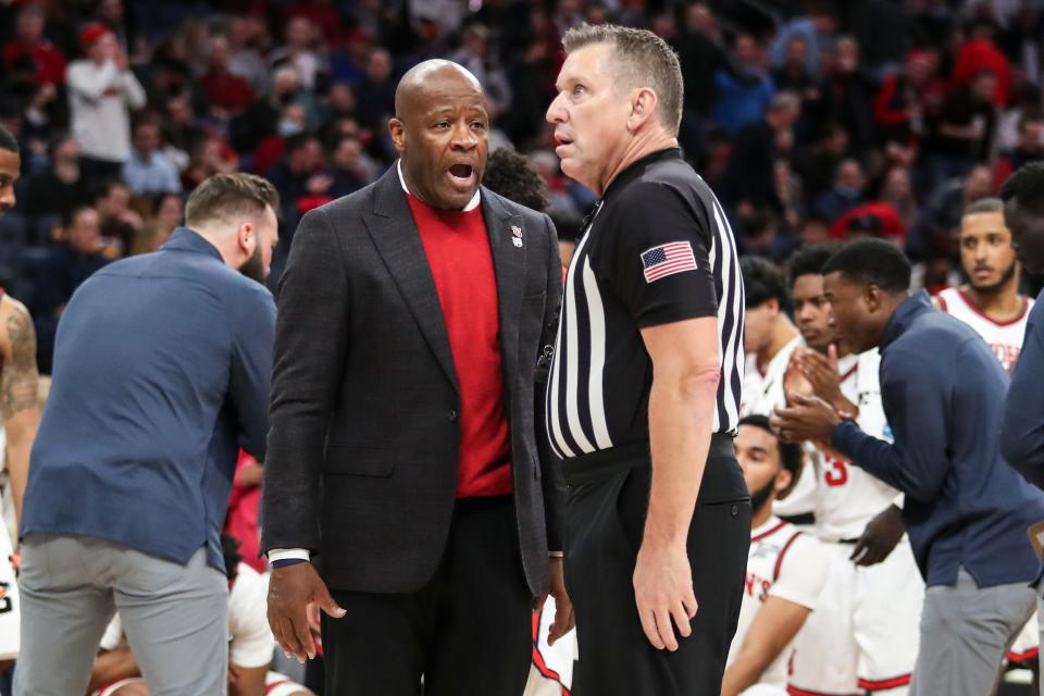 Dec 3, 2021; Elmont, New York, USA;  St. John’s Red Storm head coach Mike Anderson argues with an official during a timeout in the first half against the Kansas Jayhawks at UBS Arena. Mandatory Credit: Wendell Cruz-USA TODAY Sports