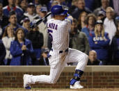 Chicago Cubs' Albert Almora Jr., strikes out swinging during the 13th inning of the National League wild-card playoff baseball game against the Colorado Rockies, Tuesday, Oct. 2, 2018, in Chicago. The Rockies won 2-1. (AP Photo/Nam Y. Huh)