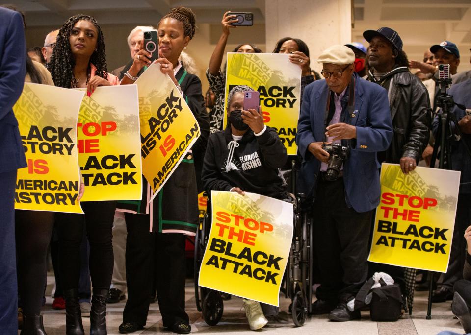 Demonstrators gather in the Florida Capitol for a rally in January to protest Gov. Ron DeSantis' ban of a proposed AP course on African American Studies in high schools.