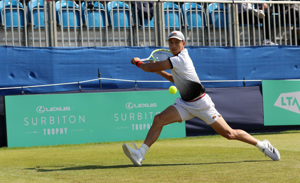 Ryan Peniston of Great Britain plays a shot during his First Round Match against Jiri Vesely of Czechia during Day One of The Lexus Surbiton Trophy at Surbiton Racket & Fitness Club on June 05, 2023 in Surbiton, England. (Photo by Luke Walker/Getty Images for LTA)