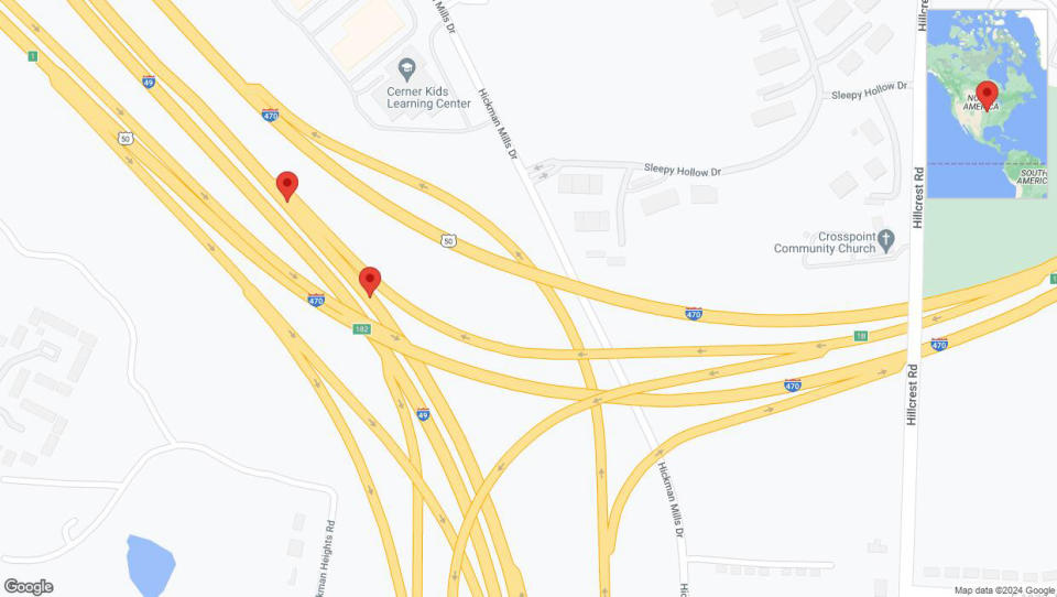 A detailed map that shows the affected road due to 'Broken down vehicle on northbound I-40/US-71 in Kansas City' on July 16th at 7:08 p.m.