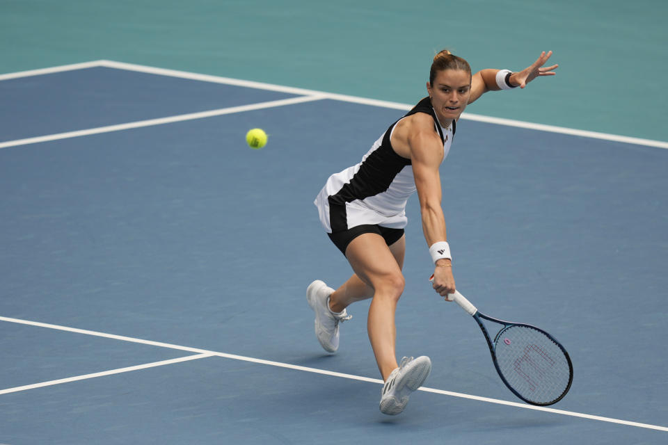 Maria Sakkari, of Greece, returns a ball from Yue Yuan, of China, in their women's second round match at the Miami Open tennis tournament, Thursday, March 21, 2024, in Miami Gardens, Fla. (AP Photo/Rebecca Blackwell)