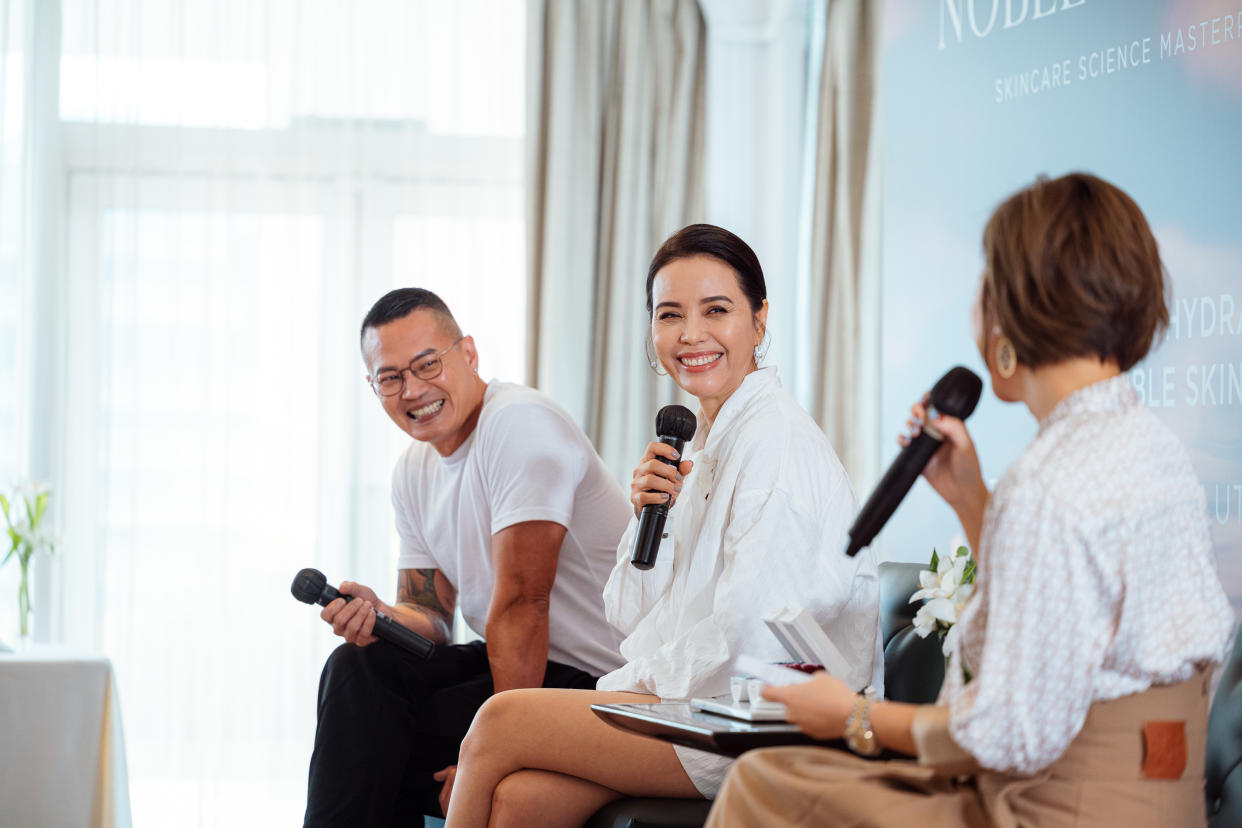 L to R : Celebrity make-up artist, Peter Khor, MediaCorp Artiste, Zoe Tay and Director of Marketing Asia at Noble Panacea, Sharon Koo sharing about skincare routines & tips. (PHOTO: Noble Panacea)