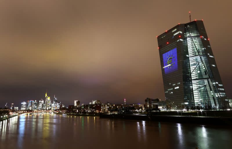 Sun sets over the skyline and ECB headquarters in Frankfurt