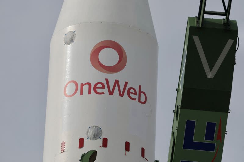 FILE PHOTO: A Soyuz rocket with satellites of British firm OneWeb is removed from a launchpad at the Baikonur Cosmodrome