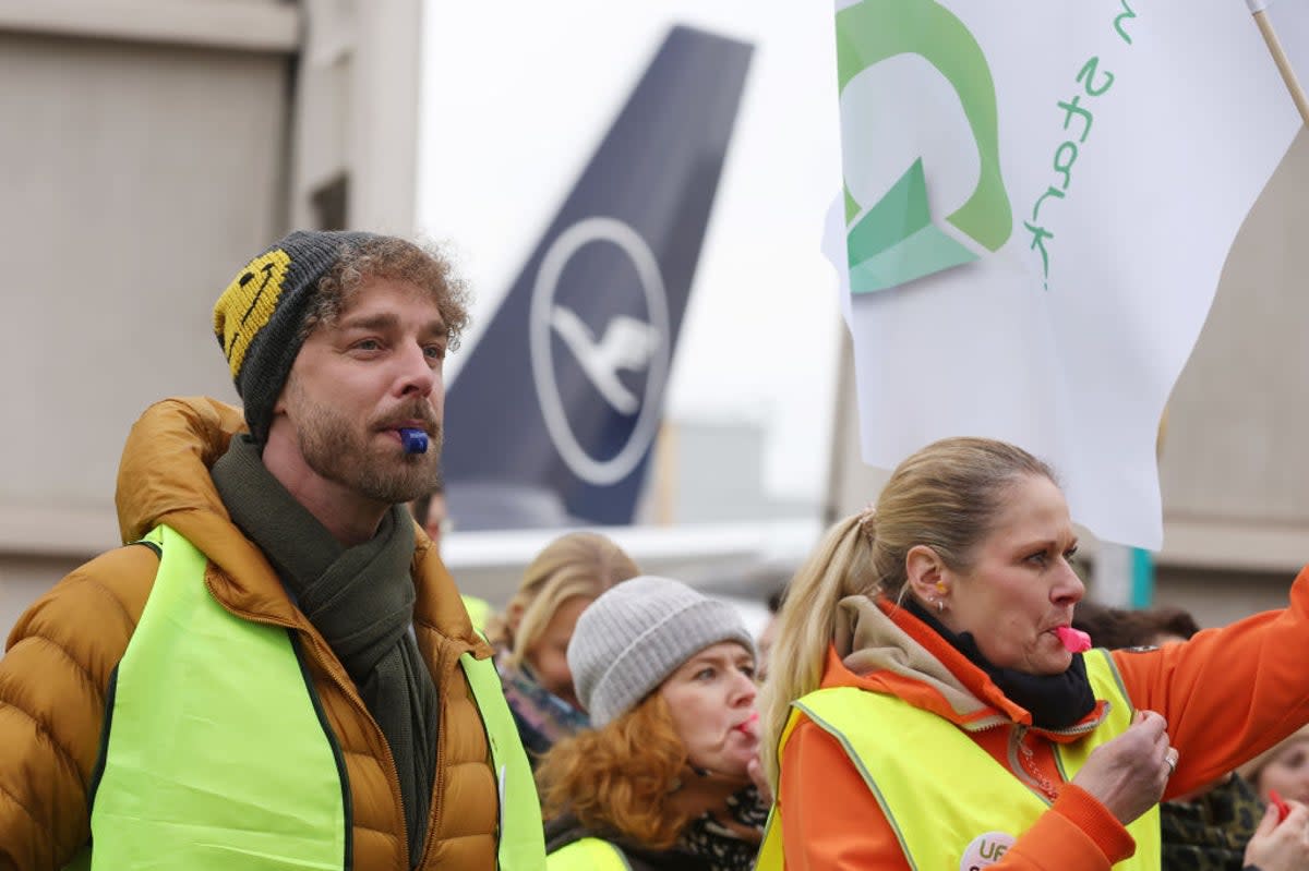 Members of the UFO union protest at Frankfurt Airport on 12 March 2024 (Getty Images)