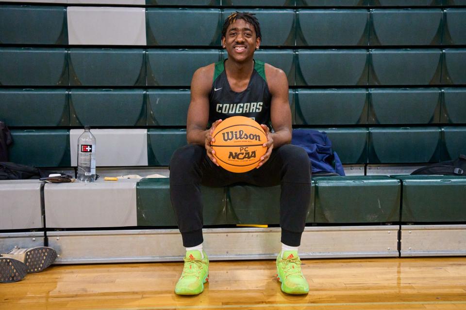 Jan 23, 2023; Phoenix, AZ, USA; Phoenix Christian Cougars point guard Tommy Randolph poses for a portrait during practice at the Phoenix Christian High School gym on Monday, Jan. 23, 2023. Mandatory Credit: Alex Gould/The Republic