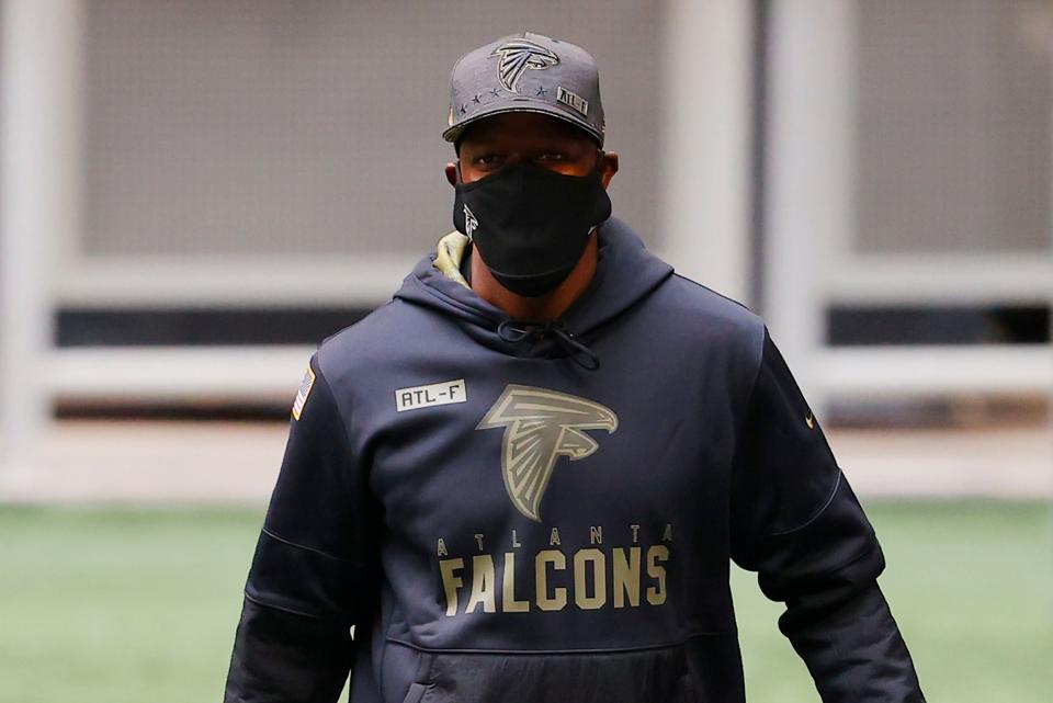 ATLANTA, GEORGIA - NOVEMBER 08: Interim head coach Raheem Morris looks on before the game against the Denver Broncos at Mercedes-Benz Stadium on November 08, 2020 in Atlanta, Georgia. (Photo by Kevin C. Cox/Getty Images)