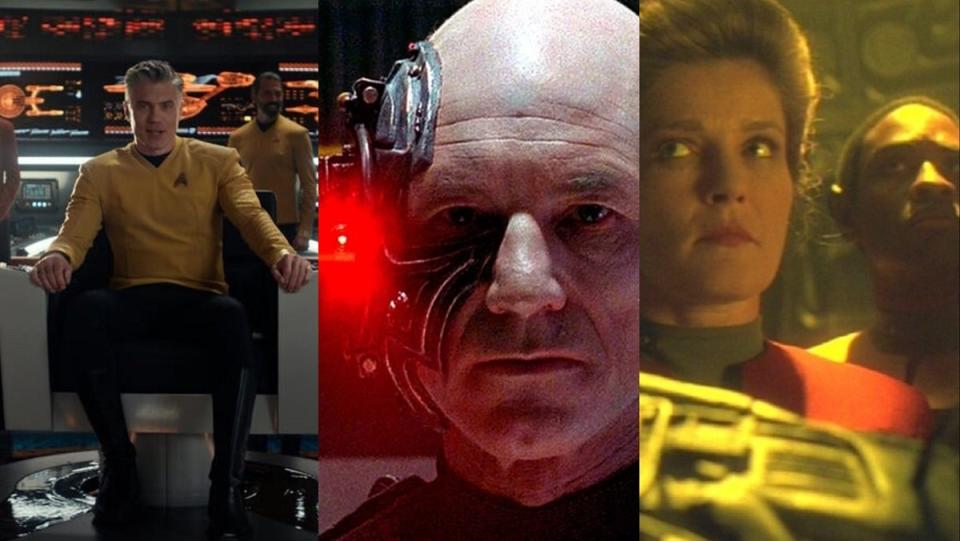 Captain Pike (Anson Mount) faces the Gorn in the Strange New Worlds season 2 finale "Hegemony," Picard (Patrick Stewart) becomes a Borg in The Next Generation season 3 finale "The Best of Both Worlds," and Janeway and Tuvok (Kate Mulgrew, Tim Russ) face the Borg in Voyager's season 3 finale "Scorpion."