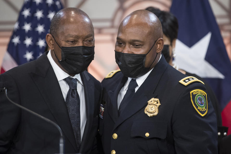 Houston Police Chief New Houston Police Chief Troy Finner embraces Mayor Sylvester Turner after he is sworn in as HPD's newest leader during a ceremony at City Hall Monday, April 5, 2021, in Houston. Finner is a 54-year-old veteran who hails from Fifth Ward and attended Madison High School in Houston. He formally takes the reins of the police department, the same day that outgoing Chief Art Acevedo is sworn in as chief in Miami. (Brett Coomer/Houston Chronicle via AP)