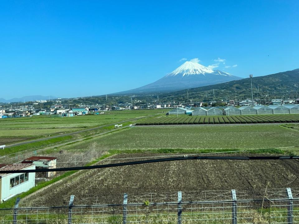 Mt. Fuji in the distance towering over the green Japanese landscape, taken from the train.