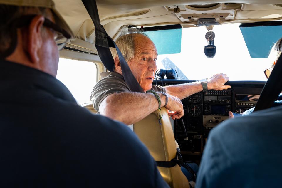 Bruce Gordon, pilot with EcoFlight, talks to passengers after a flight over areas that will be impacted by the Labyrinth Canyon and Gemini Bridges Travel Plan on Friday, Sept. 22, 2023. The travel management plan from the Bureau of Land Management, which covers 300,00 acres near Moab, will be released by Sept. 30. | Megan Nielsen, Deseret News